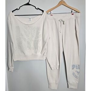 Victoria's Secret Pink Bling Rhinestone Off Shoulder & Jogger Set Beige Cream L